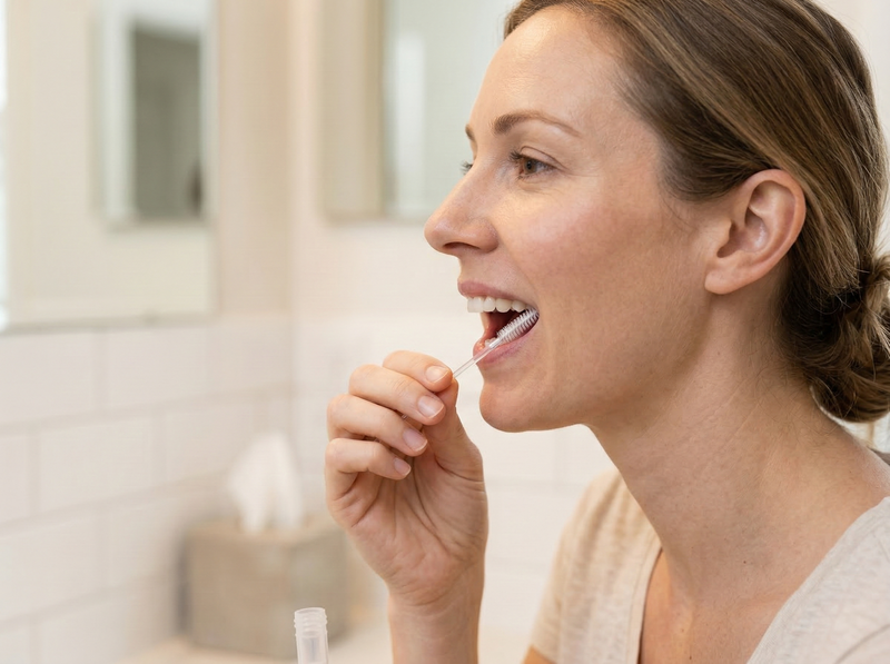 Wykonywanie wymazu policzkowego — okrężne ruchy po wewnętrznej stronie policzka